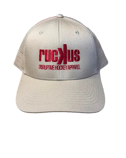 Beige cap with red text 
