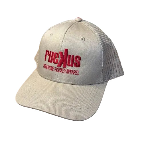 Beige cap with red text 