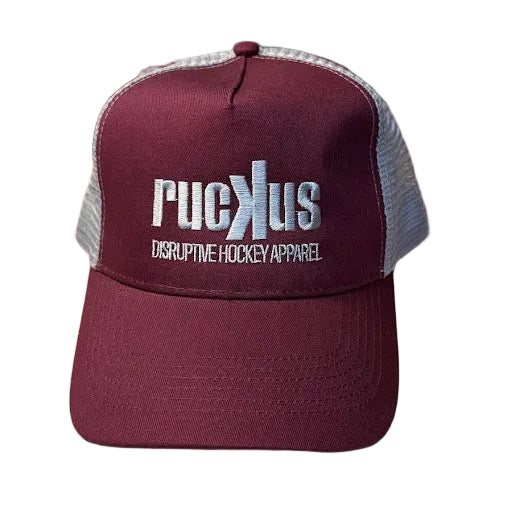 Maroon and grey cap with 'ruckus' logo 
